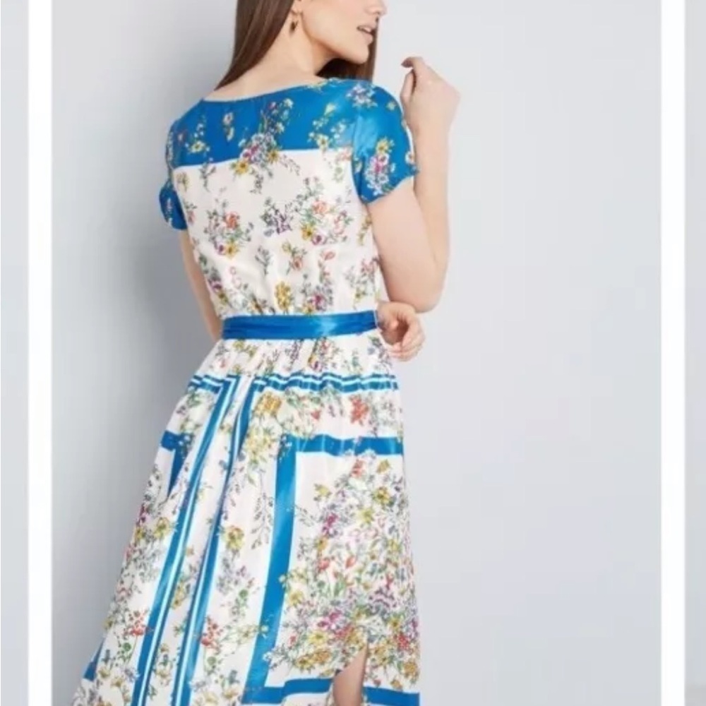ModCloth Anthropologie Blue Satin Sunlit Reverie Dress Belted Floral Size XS - Picture 2 of 6